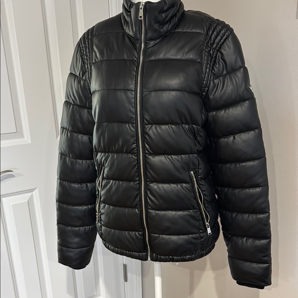 Guess Black Puffer Jacket with Quilted Design and High Collar